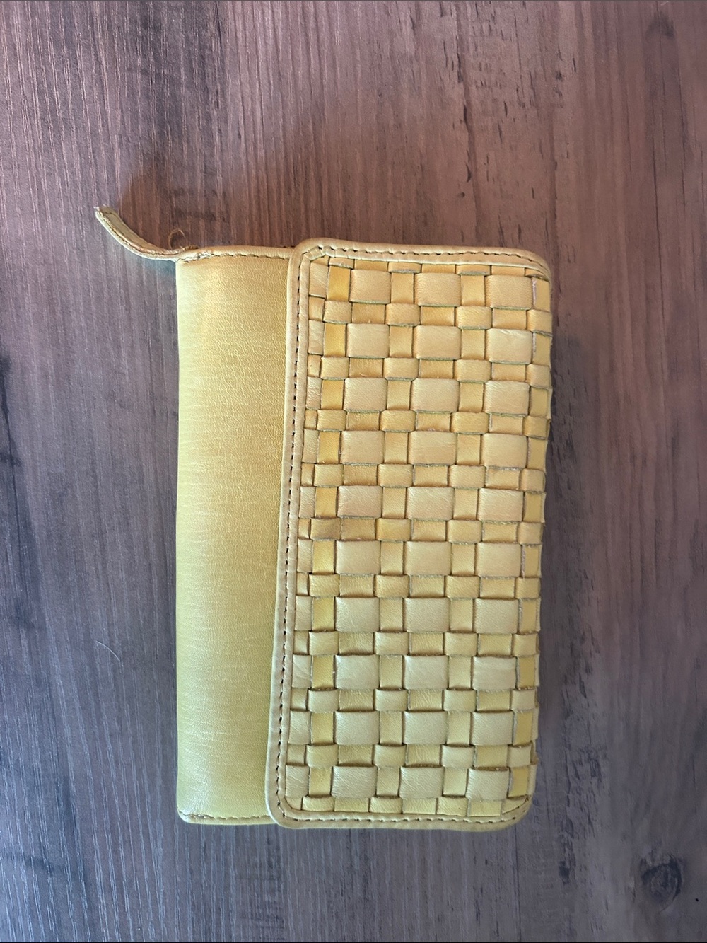 Leather Yellow Woven Zip Wallet -